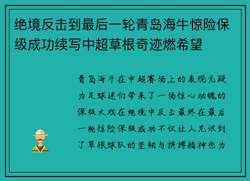 绝境反击到最后一轮青岛海牛惊险保级成功续写中超草根奇迹燃希望