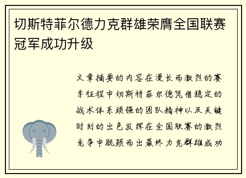 切斯特菲尔德力克群雄荣膺全国联赛冠军成功升级