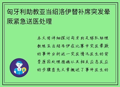 匈牙利助教亚当绍洛伊替补席突发晕厥紧急送医处理